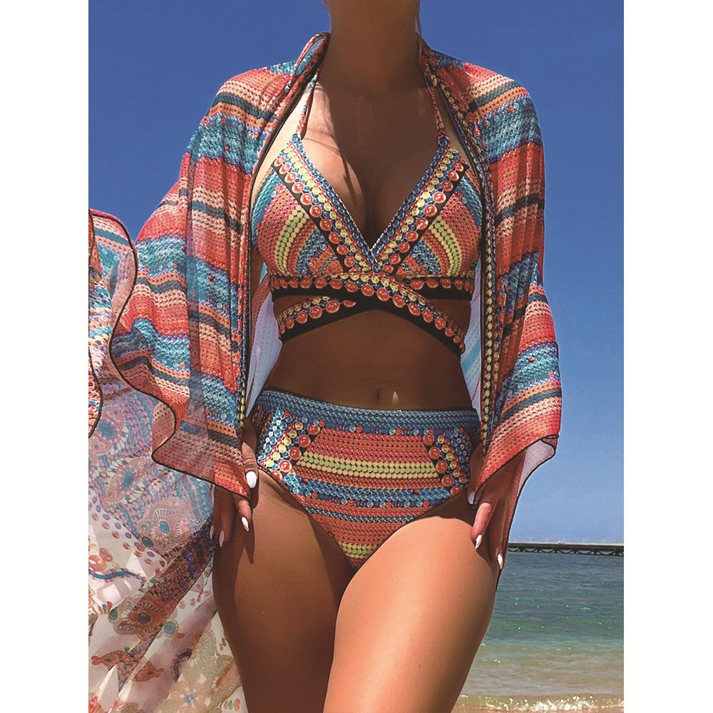 Women's Split Cross Strap Retro Ethnic Style Swimsuit