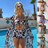 3pcs Pring Bikini With Long Sleeve Cardigan Fashion Summer Beach Swimsuit Women