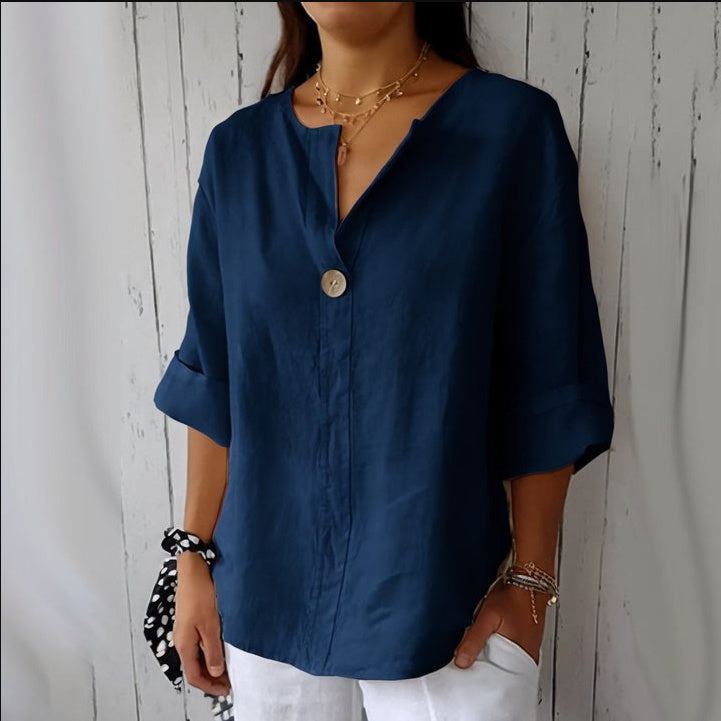 European And American Loose T-shirt Women's V-neck Cotton And Linen Button Top