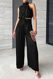 Summer Suits Casual Sleeveless Midriff-baring Top And Wide Leg Pants 2pcs Set Womens Clothing