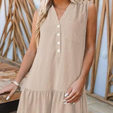 Spring And Summer V-neck Buttons Sleeveless Dress