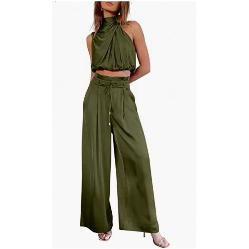 Summer Suits Casual Sleeveless Midriff-baring Top And Wide Leg Pants 2pcs Set Womens Clothing