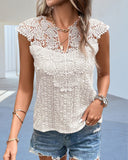 V-neck Lace Solid Color Splicing Pullover Sleeveless T-shirt For Women