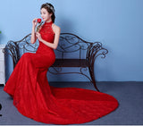 Big red wedding dress bride large size waist fishtail wedding dress palace fishtail tail Korean hanging neck