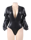 Faux Leather bubble sleeve deep V sexy one-piece underwear