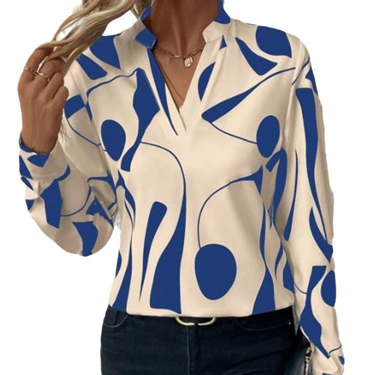 V-neck Long Sleeve Slimming Printed Stand Collar Shirt