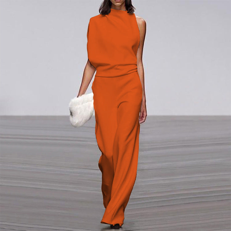 Solid Color One-Shoulder Pile Collar Jumpsuit