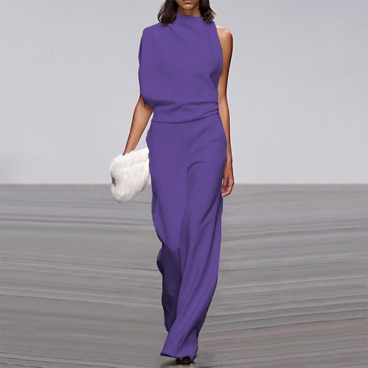 Solid Color One-Shoulder Pile Collar Jumpsuit