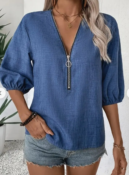 Elegant Deep V-Neck Zip-Up Blouse For Women - Chic Spring Fall Fashion,  Machine Washable, Design, Sleeve