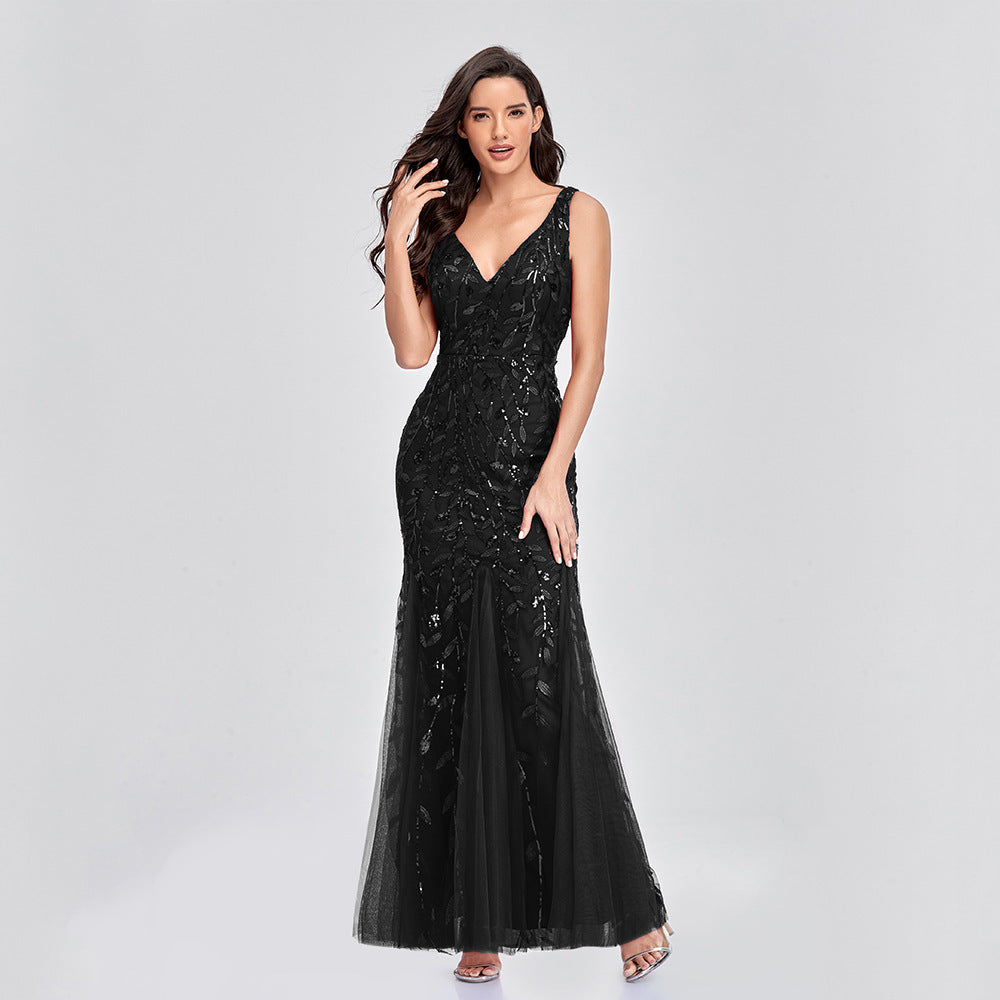 Sexy Sleeveless V-neck Sequin Mermaid Dress