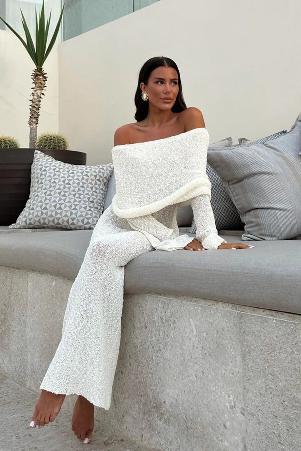 French-style One-shoulder Knitted Dress Fashion Party Beach Long-sleeved Long Dresses Fall Wainter Women's Clothing