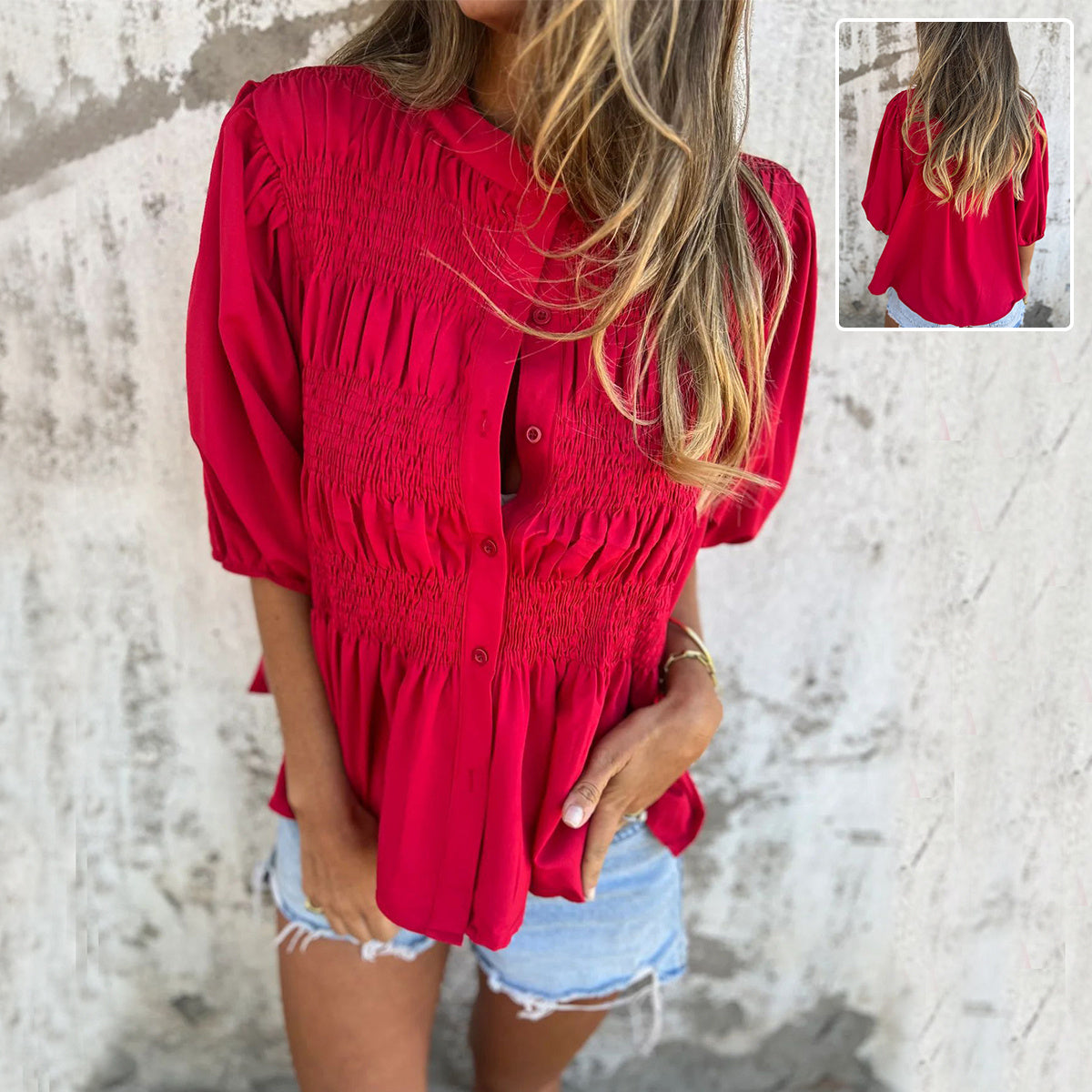 Pleated Button Short-sleeved T-shirt Casual Fashion Loose Solid Color Round Neck Shirt Summer Tops Women's Clothing