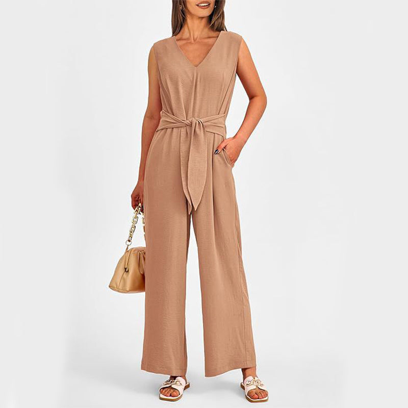 New V-neck Sleeveless Long Jumpsuit With Pockets And Lace-up Design Wide-leg Straight Trousers Summer Womens Clothing