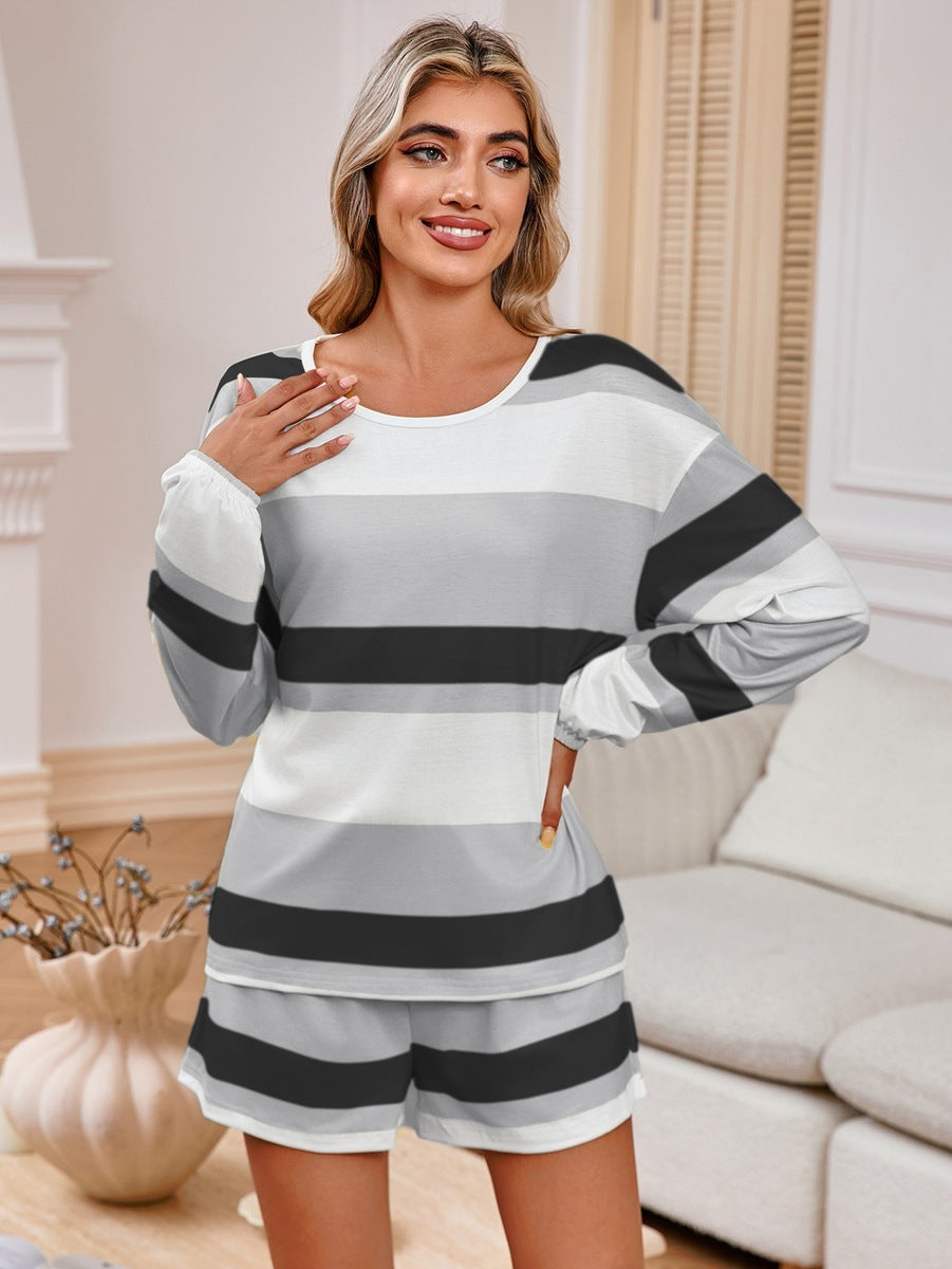 Women's Long Sleeve Striped Top Shorts Casual Suit Pajamas