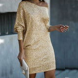 Fashion Oblique Shoulder Sequins Dress Ins Long-sleeved Dresses For Party Women's Clothing