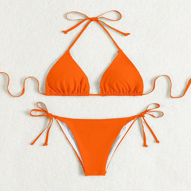 Pure Color Tied Halter Bikini Swimsuit