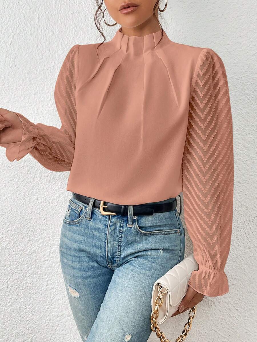 Women's Half-turtleneck Stitching Wavy Chiffon Long-sleeved Top