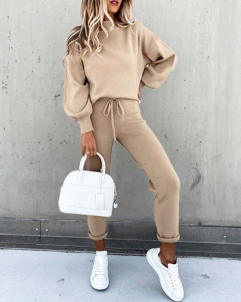 High neck long sleeve pocket trousers casual two-piece suit