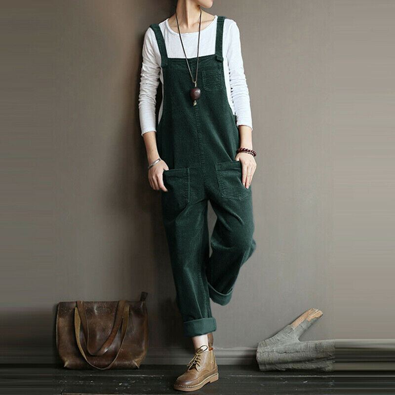 Women's Corduroy Solid Color Casual Bib Pants