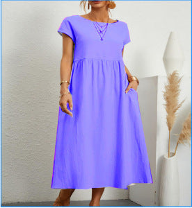 OL Temperament Women's Cotton Round Neck A-line Skirt Dress