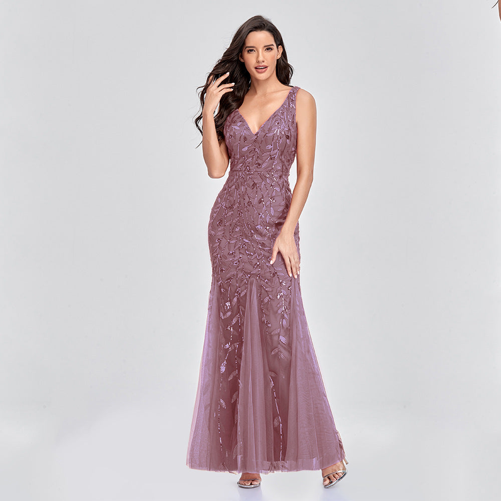 Sexy Sleeveless V-neck Sequin Mermaid Dress