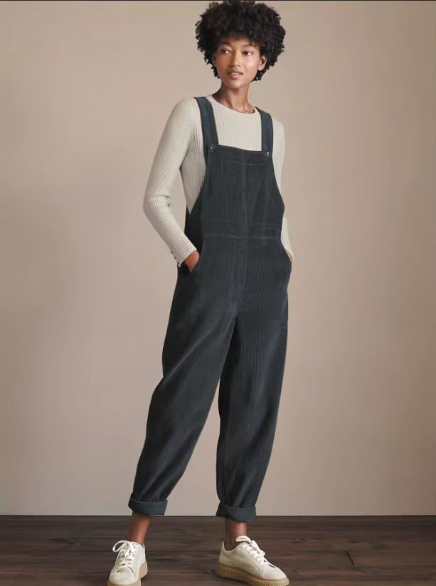 Corduroy Bib Overalls With Buttons And Pockets Fashion Casual Jumpsuit Loose Straight Pnats For Women