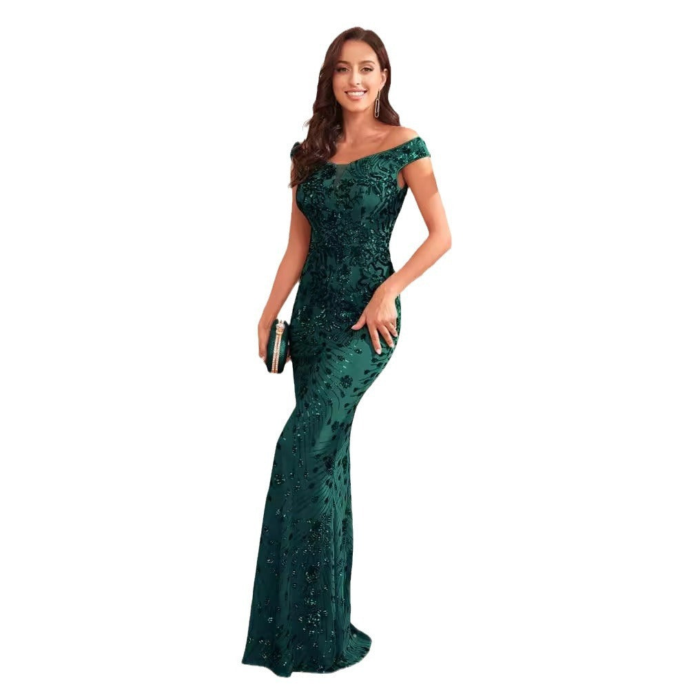 Green Sequined High Waist Fishtail Evening Dress