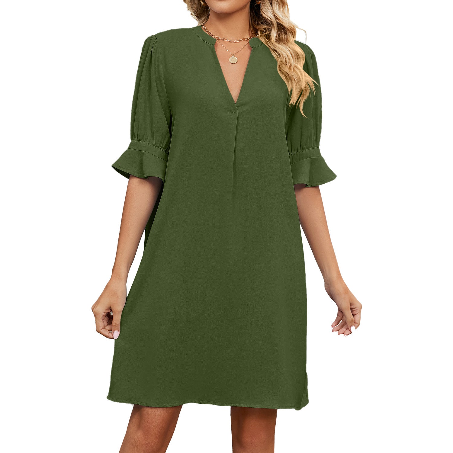 European American Summer New Solid Color And V-neck Loose Pleated Half-length Sleeve Dress