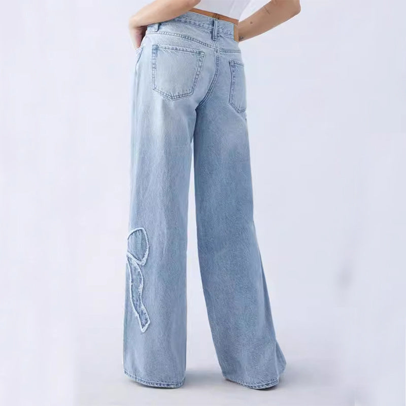 Women's Straight Trousers Embroidered Side Frayed Butterfly Jeans Street Design Hot Girl Baggy Pants