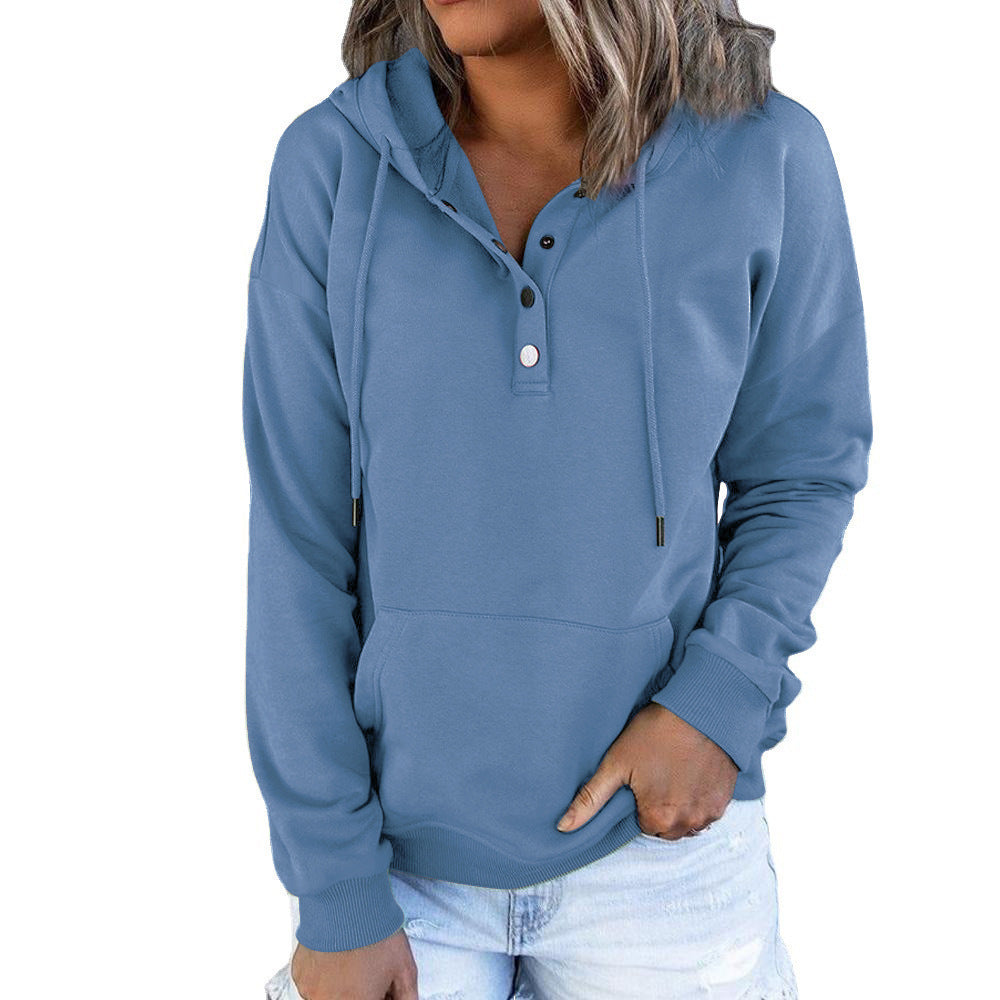 Long-sleeved Hooded Sweatshirt With Pockets Fashion Casual Button Drawstring Design Hoodie Top Spring And Autumn Sports Clothing For Women