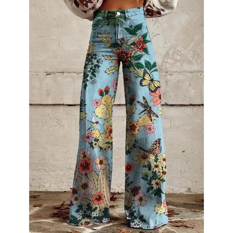 Fashion Women's Printed High Waist Loose Thin Imitation Denim Wide Leg Pants