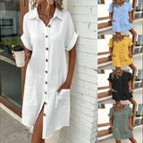 Summer Short Sleeve Shirt Dress Fashion Solid Color Single-breasted Mid-length Loose Dress