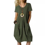 Cotton And Linen Solid Color Loose Round Neck Short Sleeve Dress