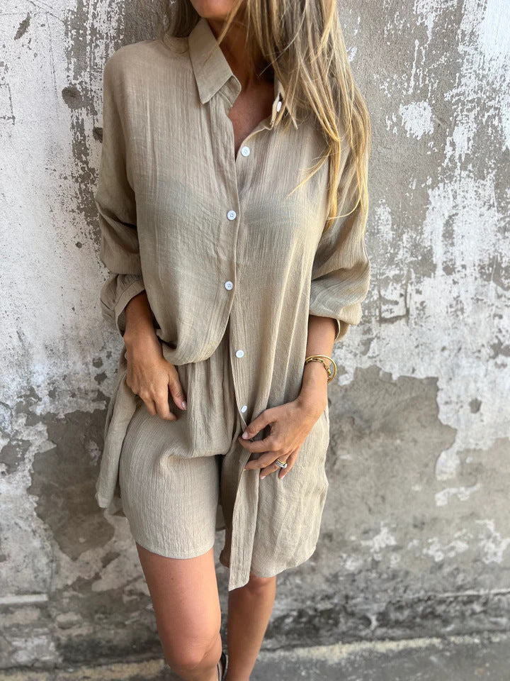 2pcs Loose Long-sleeved Shirt Suit With Lapel Button Tops And Elasticated Shorts Fashion Casual Clothing For Women