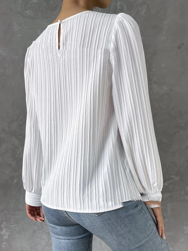 European And American Spring Round Neck Lantern Sleeve Solid Color Unity Long Sleeve Temperament Solid Blouse