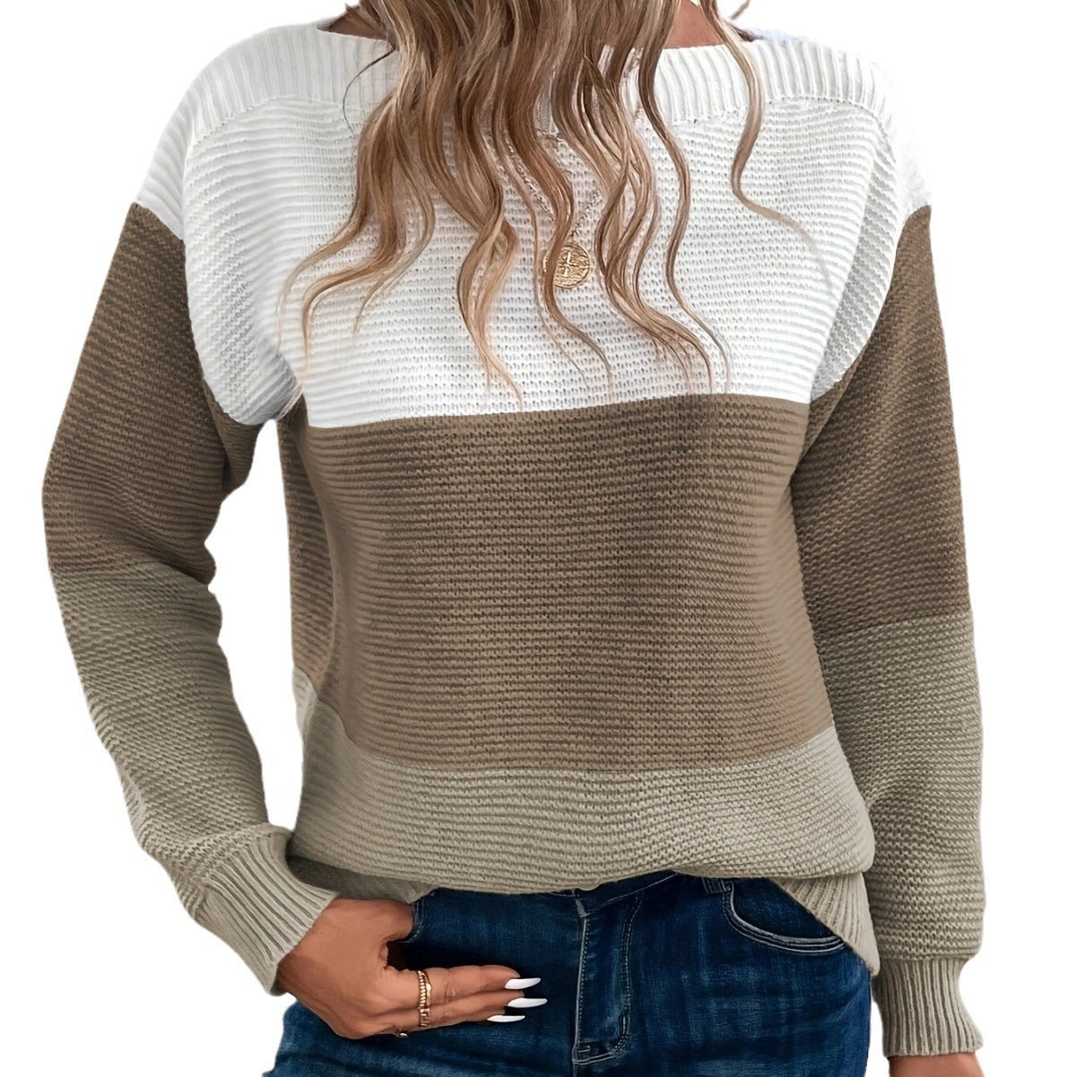 Pullover Knitted Sweater Fashion Round Neck Splicing Knitwear Loose Top Women's Clothing