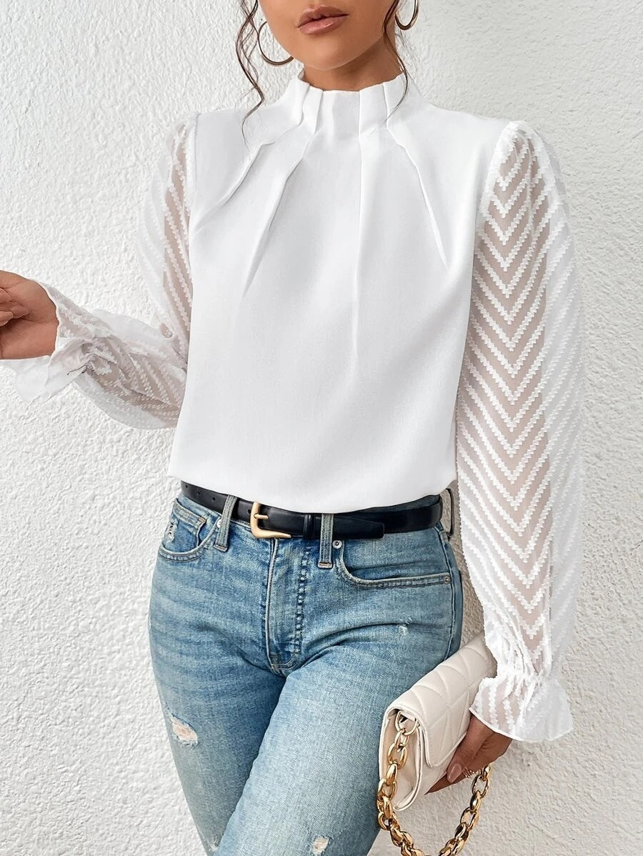 Women's Half-turtleneck Stitching Wavy Chiffon Long-sleeved Top