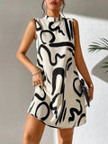 European And American Printed Stand Collar Dress