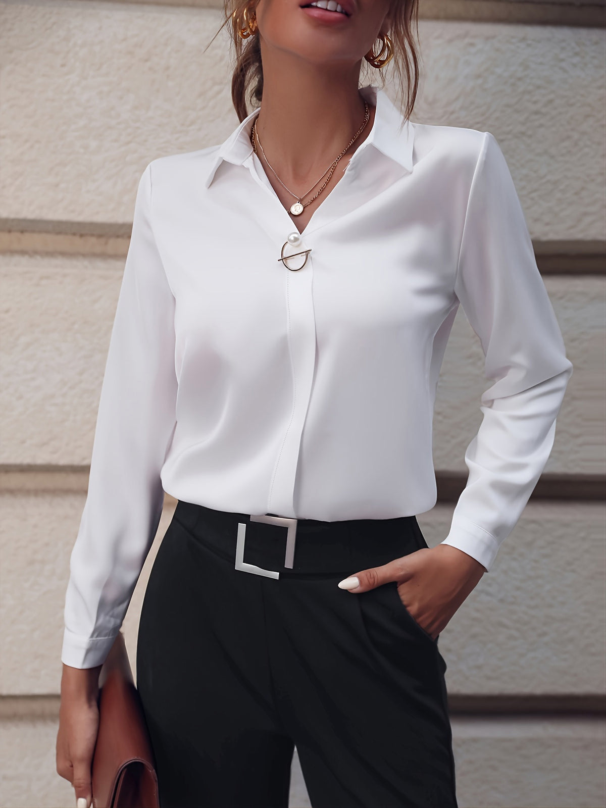 Commuter Women's Shirt Versatile Simple Solid Color Long Sleeve Mid-length Plus Size