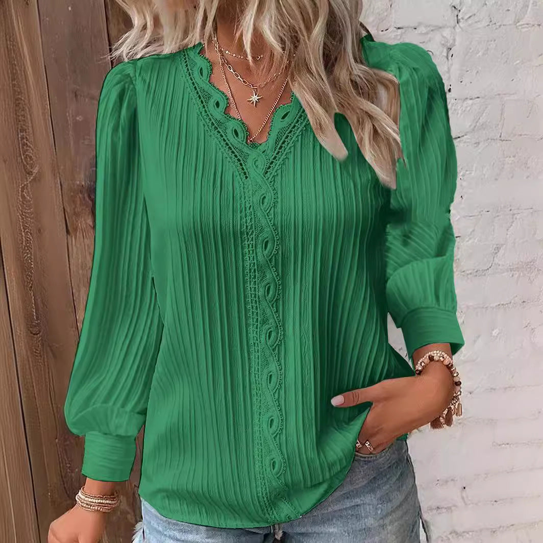 Long Sleeve V-neck Lace Patchwork Shirt