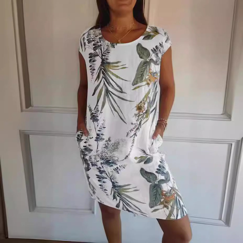 Flower And Leaf Printed Straight Dress Summer Loose Round Neck Short Sleeve Dresses Womens Clothing