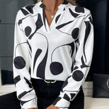 V-neck Long Sleeve Slimming Printed Stand Collar Shirt