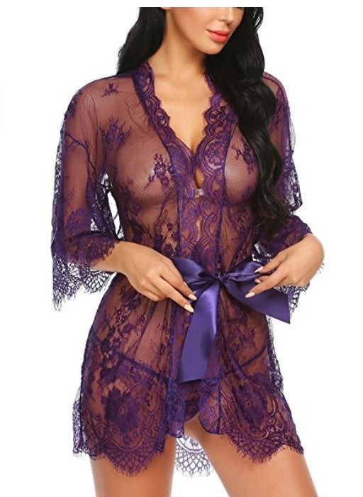 Openwork lace cardigan long-sleeved pajamas Europe and the United States XL ladies sexy kimono-style lingerie