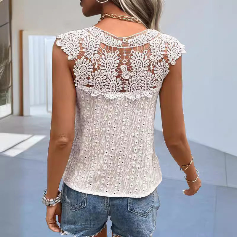 V-neck Lace Solid Color Splicing Pullover Sleeveless T-shirt For Women