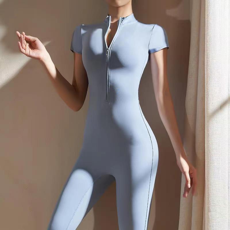 Trendy European and American athletic jumpsuit with front zipper – perfect for yoga, gym, and casual sportswear.