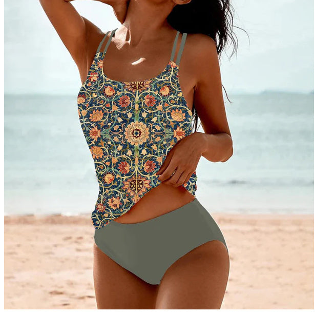 Vintage Printed Split High Waist Conservative Swimwear