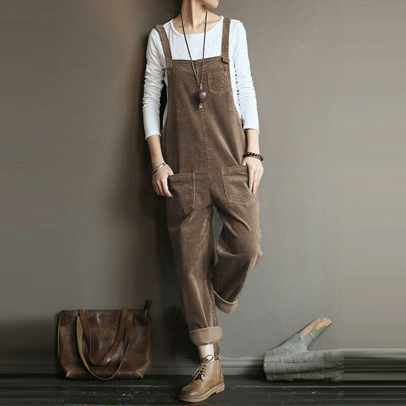 Women's Corduroy Solid Color Casual Bib Pants