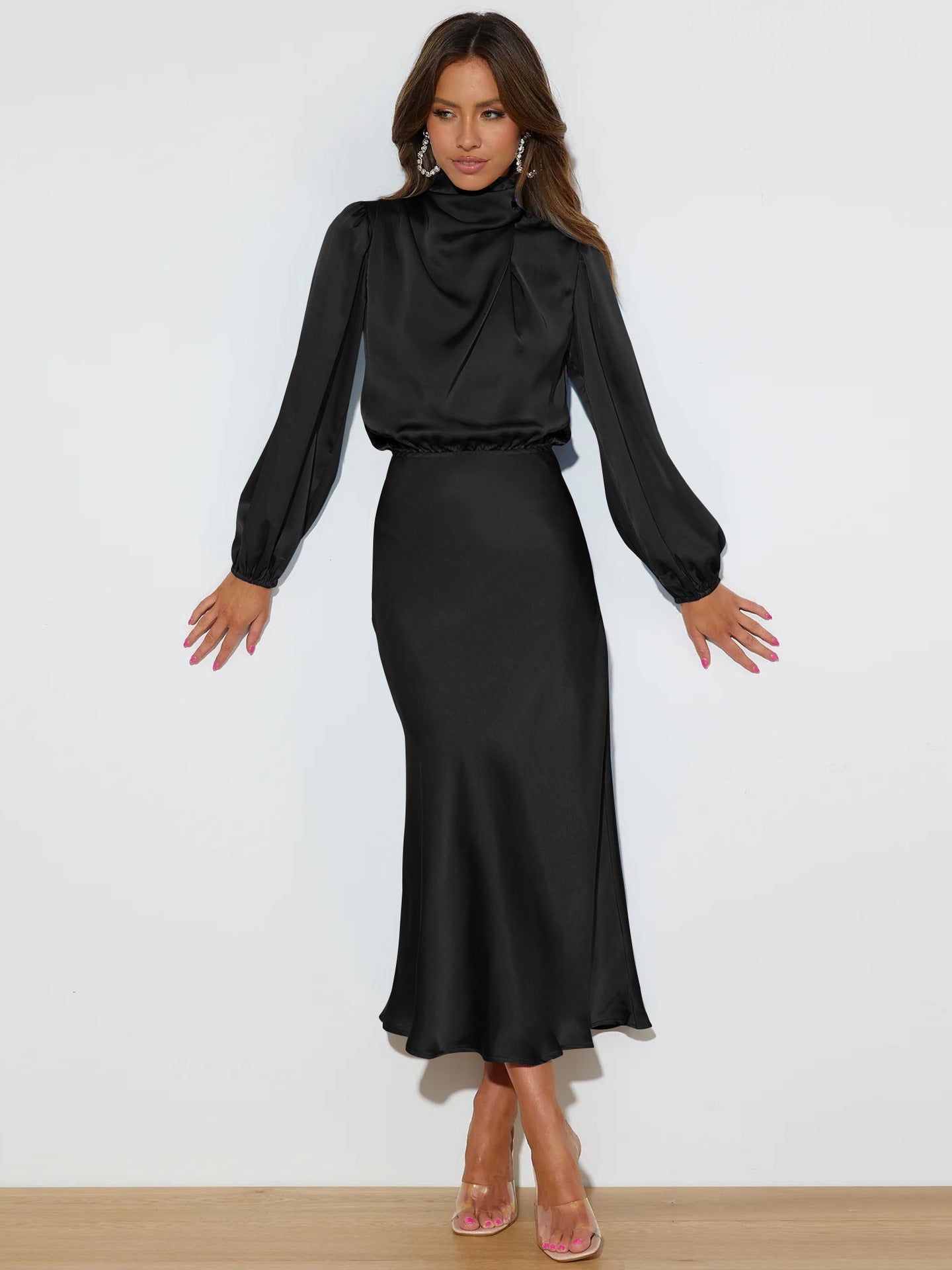 Dress Spring And Autumn Halterneck Long-sleeved Formal Dress Satin Elegant Lady Of Note Evening Dress