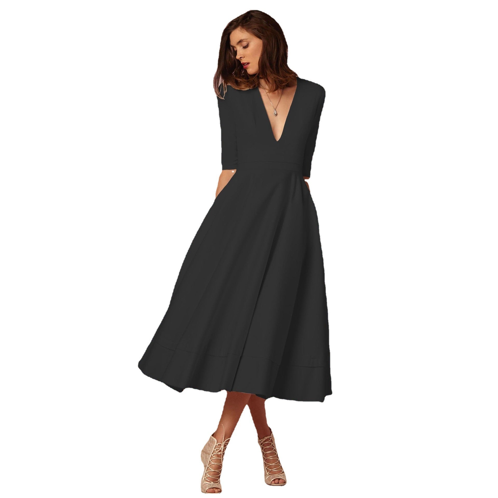 Women's Clothing Evening Dress Sexy Deep V Mid-sleeve Large Swing Dress