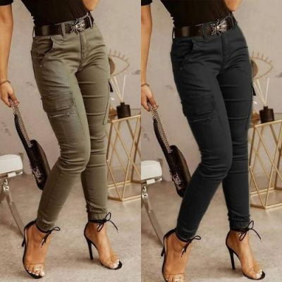 European And American Women's Trousers, Low-waisted Buttons, Solid Color Pockets